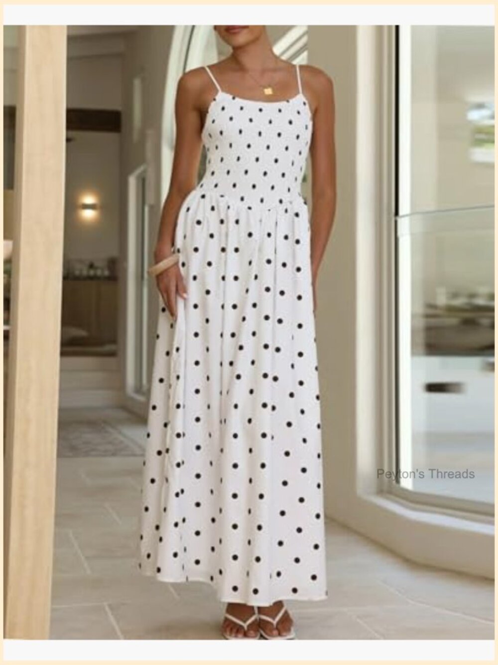 Smocked High Waisted Polka Dot Maxi Dress Spaghetti Strap Flowy Swing Beach - Picture 4 of 6